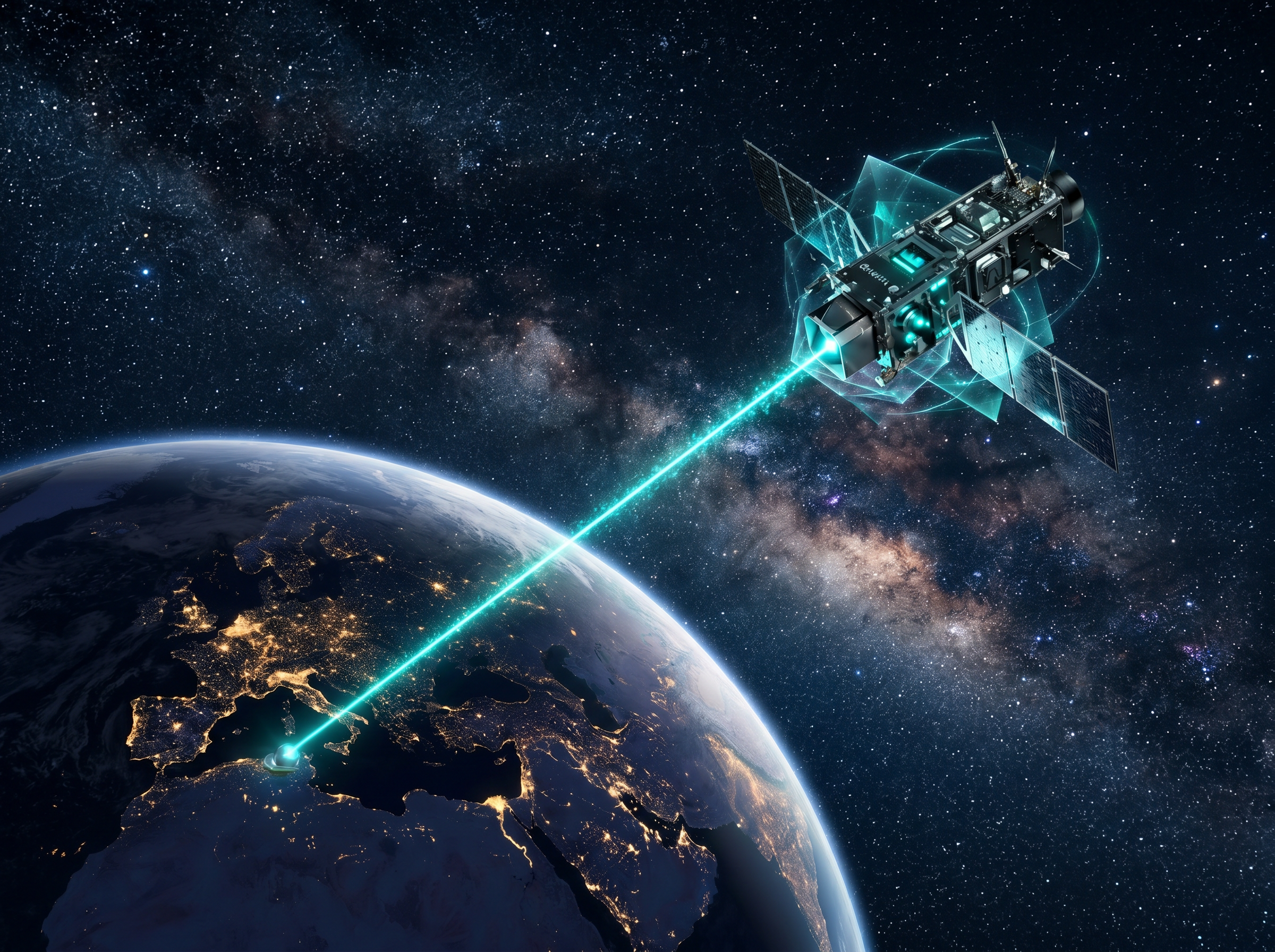 Satellite above Earth transmitting a cyan laser beam to a ground station for quantum communication